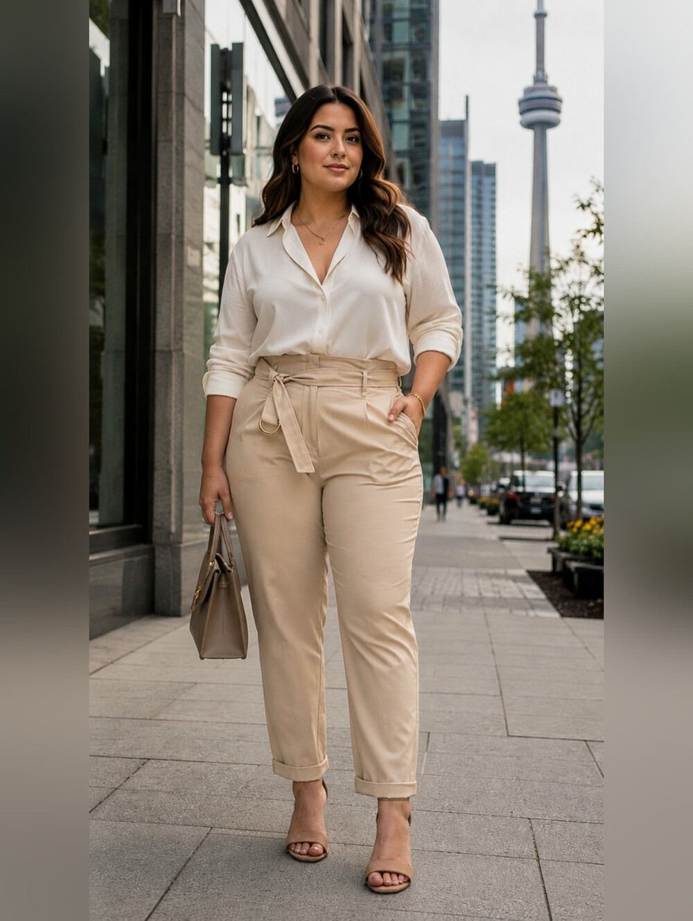 High-Waist Paperbag Trousers Pants in Beige Cotton Linen Blend Plus Size 18